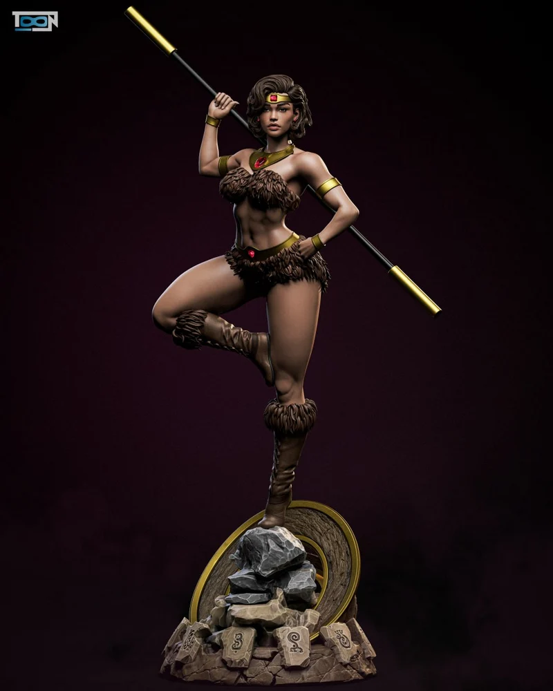 Diana fantasy warrior statue holding a spear on a rocky circular base