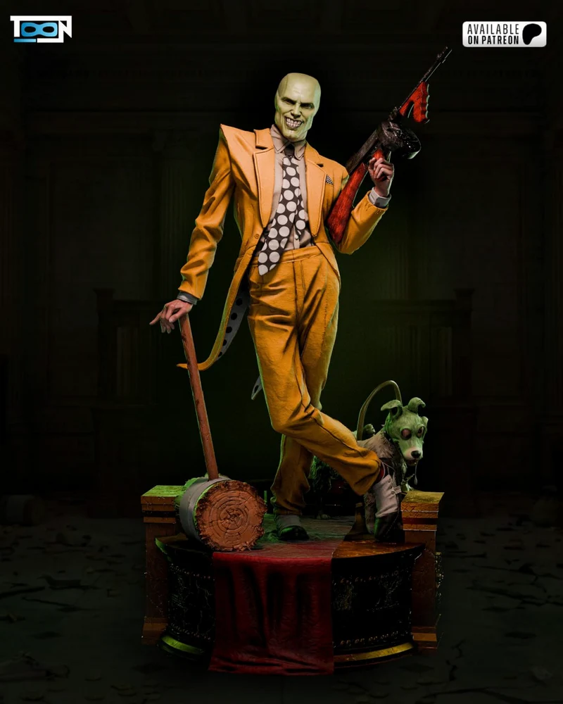 The Mask character figure in a yellow suit with a dog companion