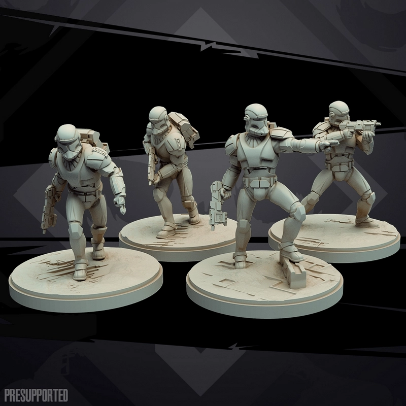 Four 187th Legion Vanguard Star Wars troopers on round display bases