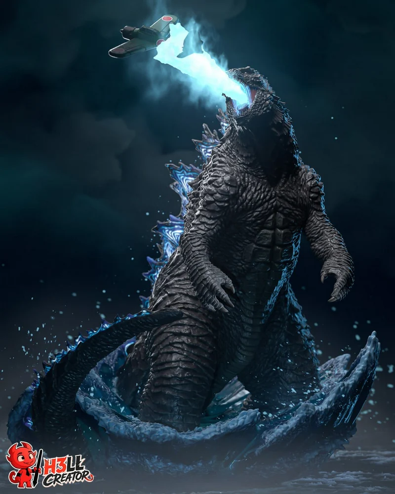 Godzilla figure rising from water with blue breath and illuminated dorsal plates