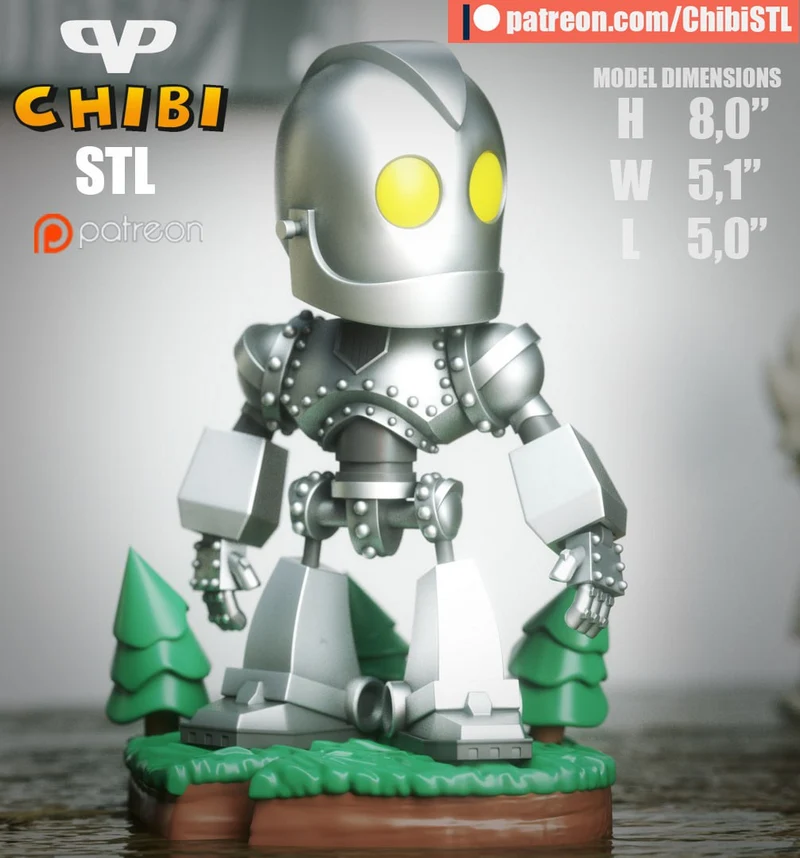 Chibi Iron Giant robot figurine with yellow eyes on a scenic display base