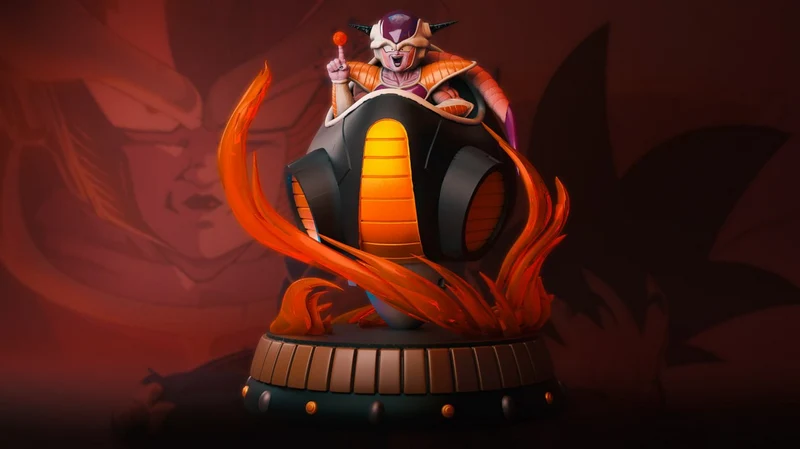 Frieza in a black and orange pod with energy flames on a display pedestal