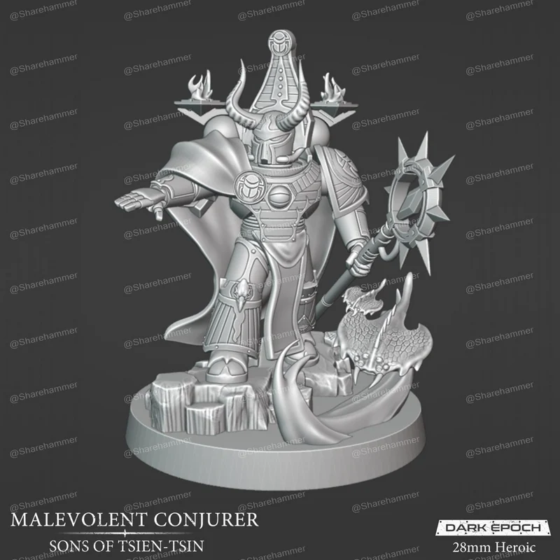 Malevolent Conjurer Warhammer 40,000 miniature with horned armor and a spiked weapon