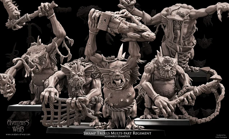 Multi-part swamp troll regiment with weapons, armor, and display bases