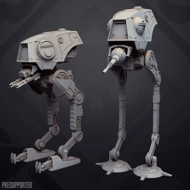 Two Star Wars AT-DP walkers with armored hulls and front cannons