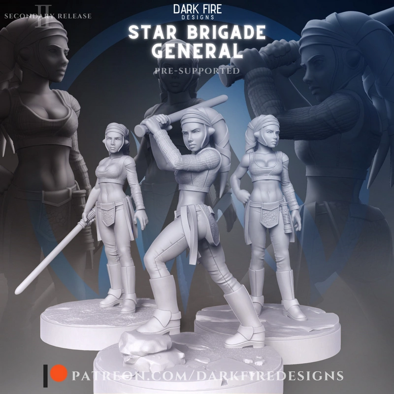 Aayla Secura Star Wars 3D model with lekku, armor, staff, and display base
