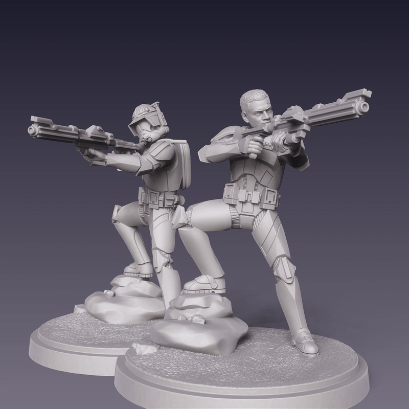 Star Wars-style commander and armored trooper aiming weapons on rocky display bases