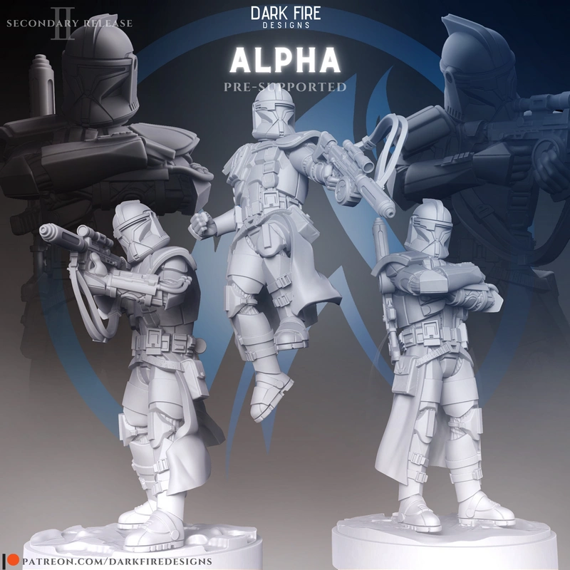 Alpha-17 Star Wars armored trooper 3D model in a dynamic pose with blaster and display base