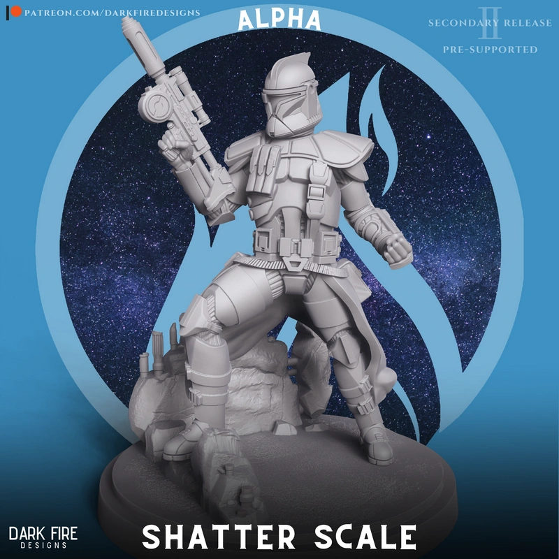 Alpha-17 Star Wars armored figure holding a blaster on a rocky base