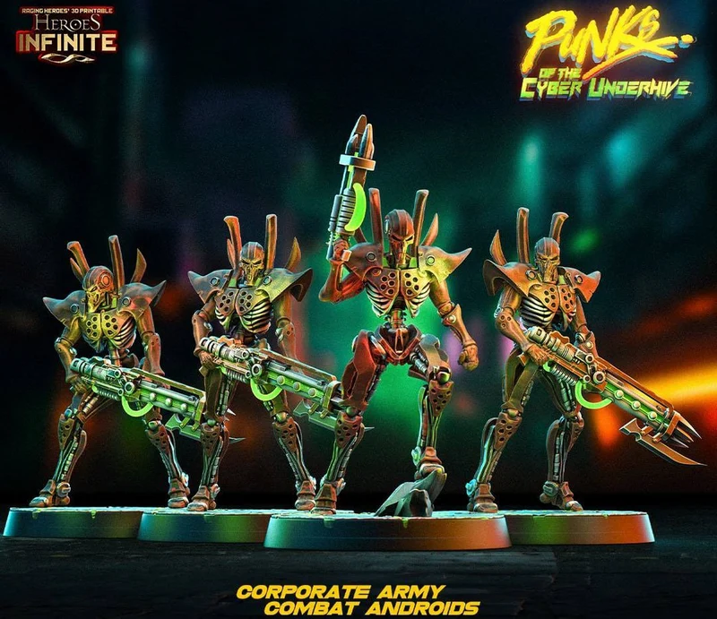 Four armored sci-fi combat android miniatures with weapons on round bases