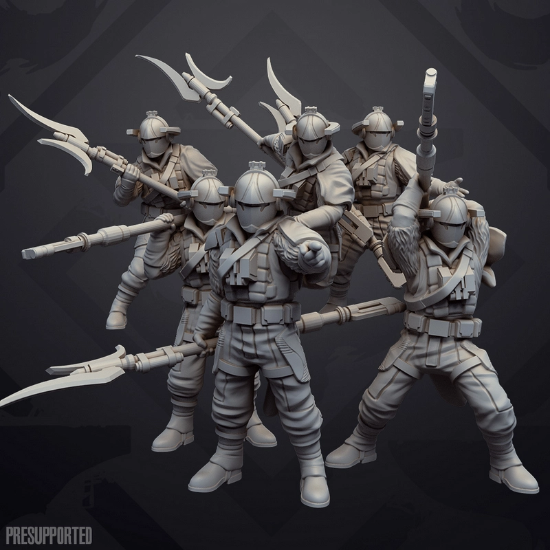 Armored Star Wars badland raiders with rifles and curved polearms