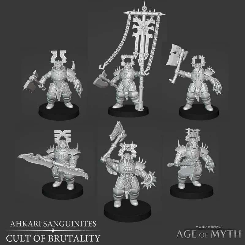 Six heavily armored fantasy warrior miniatures with oversized weapons on round bases