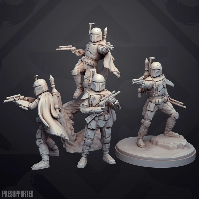 Boba Fett Star Wars STL figures with armor, blasters, jetpacks, and display bases