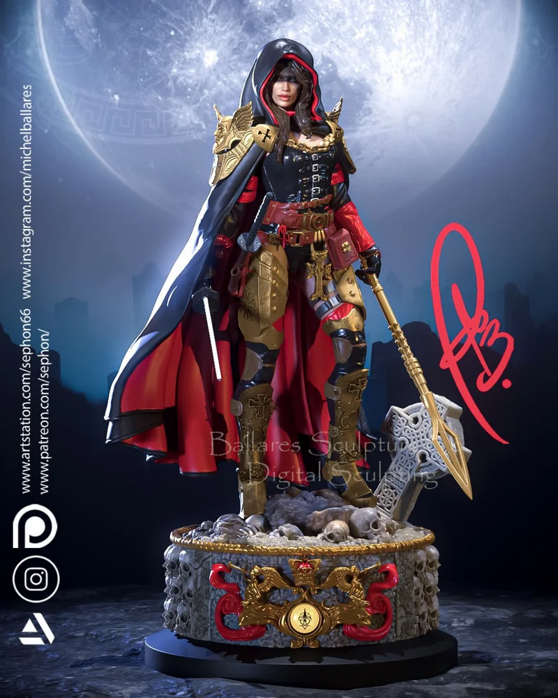 Magdalena hooded armored warrior statue with hammer on an ornate skull base