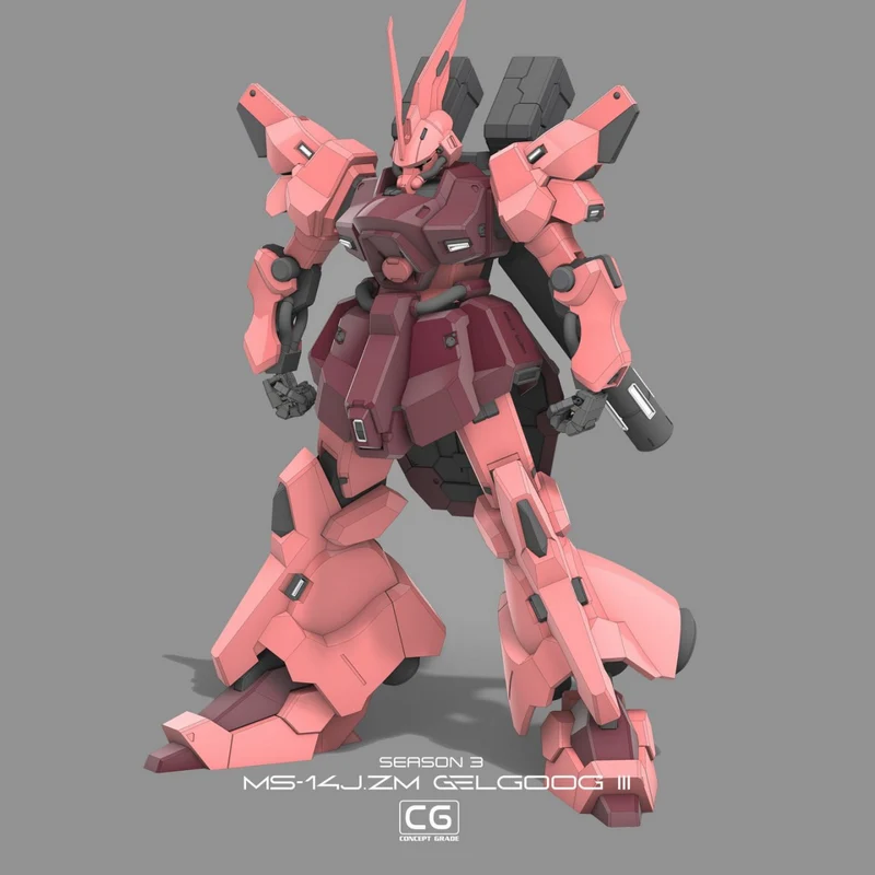 Pink Gelgoog III mobile suit 3D model with angular armor and large backpack
