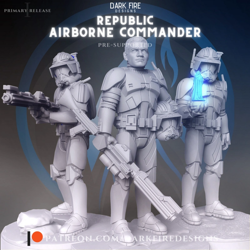 Republic airborne clone commander with two helmeted troopers in armor