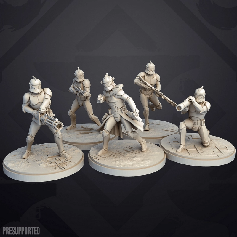 Five Star Wars Phase 1 clone trooper miniatures with weapons on round bases