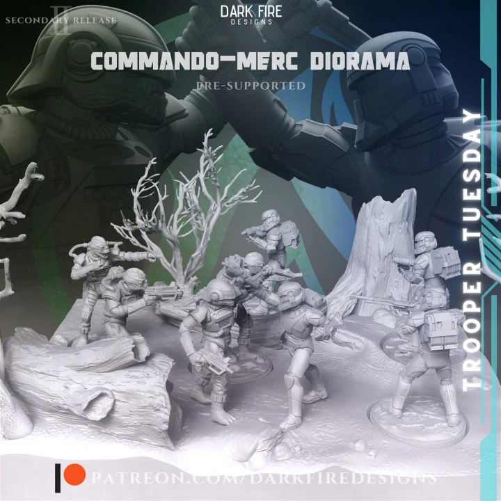 Star Wars commando merc diorama with armored soldiers in rocky woodland terrain