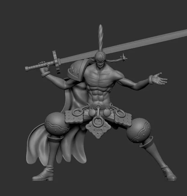 Cracker from One Piece 3D model with sword, armor, ornate belt, and wide-legged pose