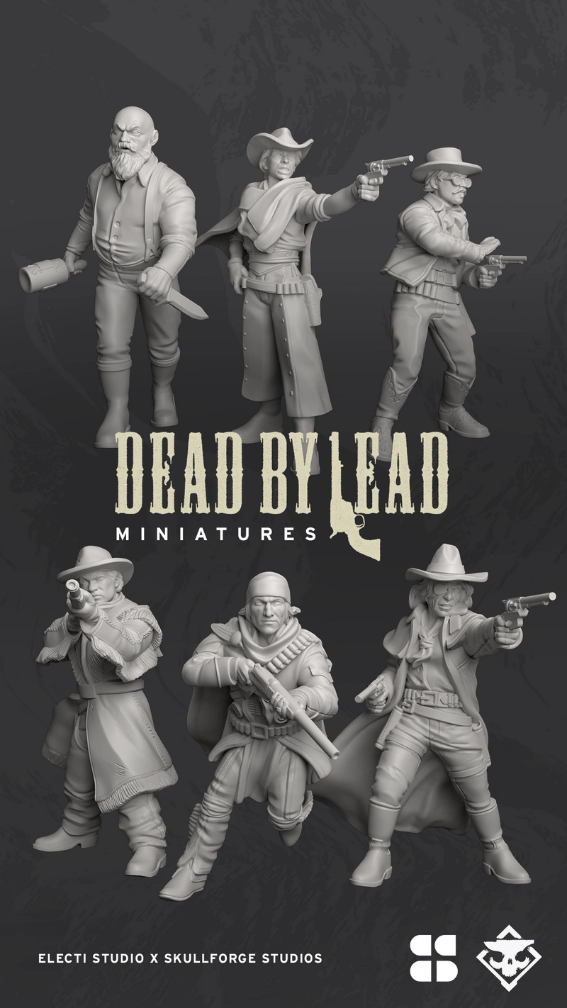 Six western sci-fi gunslinger miniatures with hats, coats and firearms