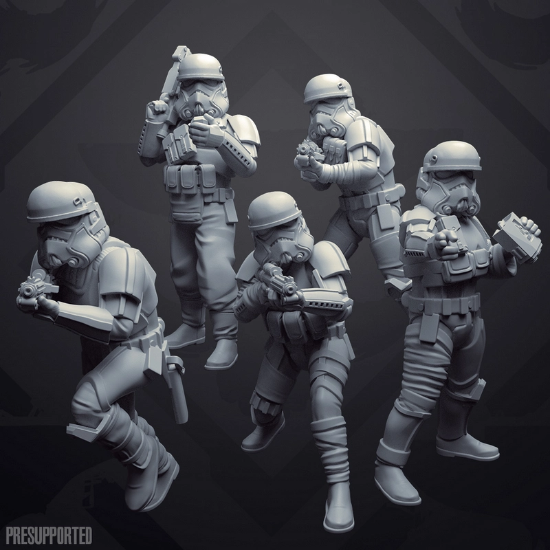 Five armored Star Wars desert trooper figures with blasters and tactical gear