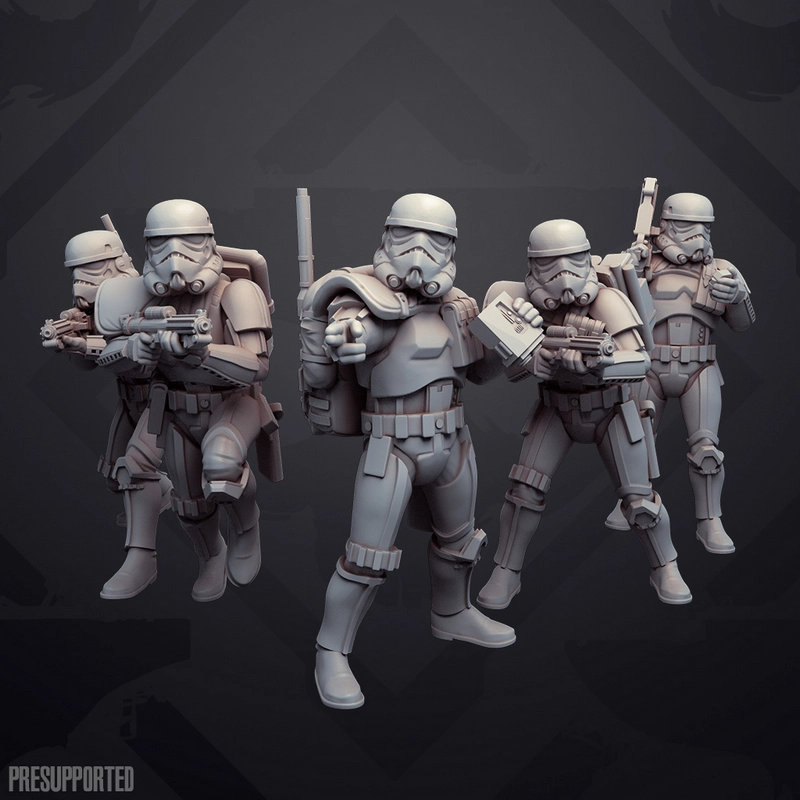 Four Star Wars desert troopers in armor with blasters and field gear