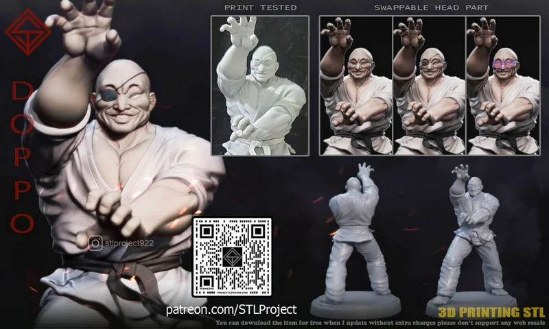 Doppo Orochi Baki 3D printable figurine with raised hand and swappable heads