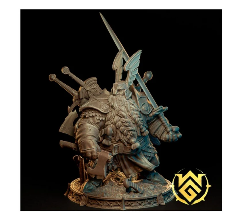 Durth the Collector fantasy dwarf statue with braided beard, armor, weapons, and display base