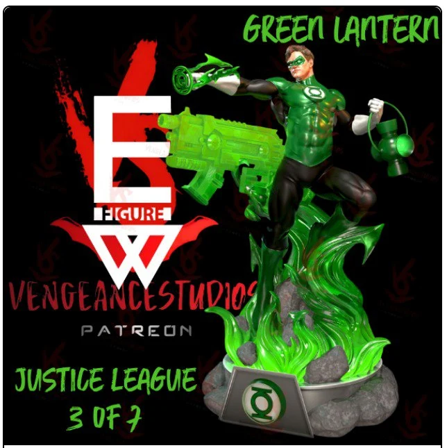 Green Lantern DC Comics statue with green energy effects and rocky base