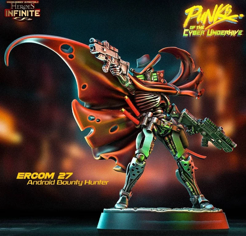 Android bounty hunter miniature with flowing cloak, guns, and mechanical limbs