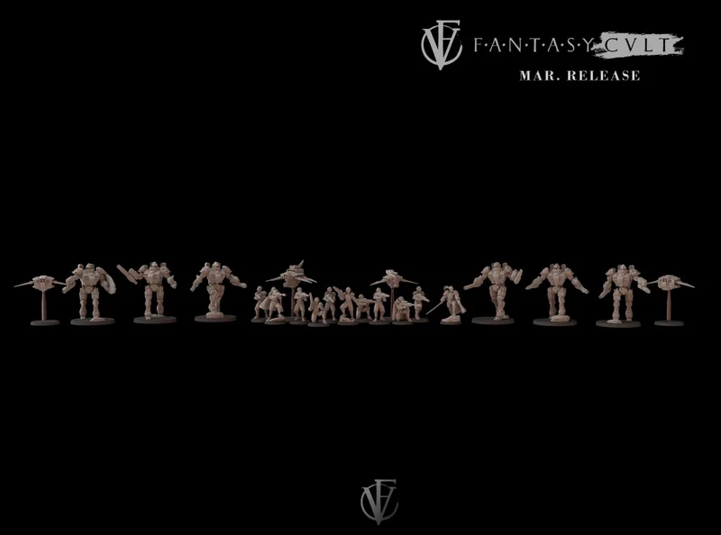 Fantasy Cult tabletop miniatures lineup with armored figures and smaller characters on bases