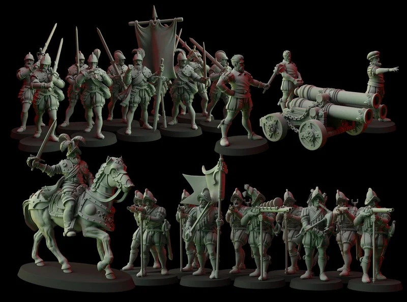 Fantasy empire soldiers with infantry, cavalry, banners, and field cannons