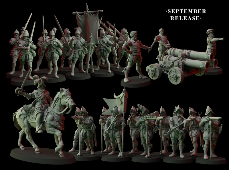 Fantasy cult miniature army with armored infantry, cavalry, banners, and wheeled artillery