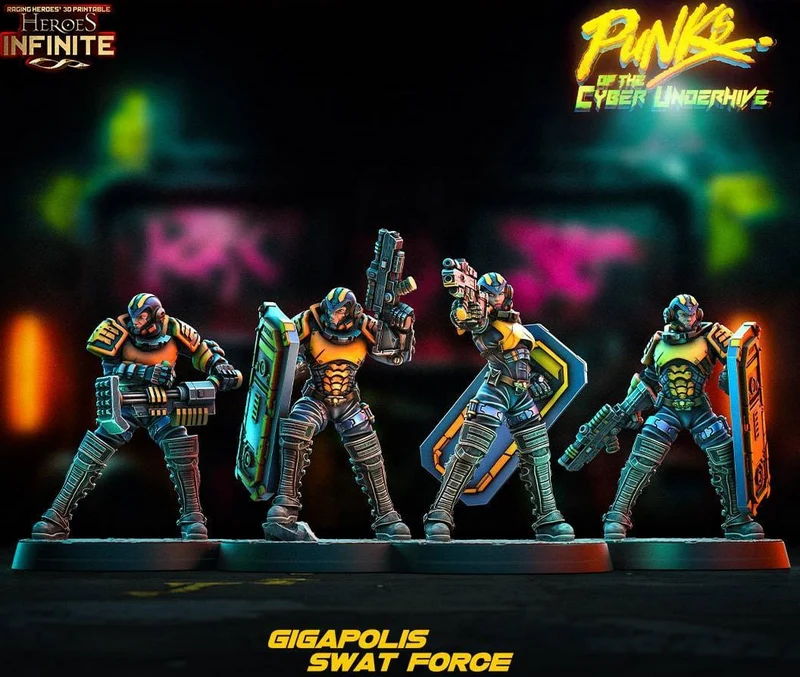 Four armored Gigapolis SWAT Force sci-fi miniatures with weapons and shields