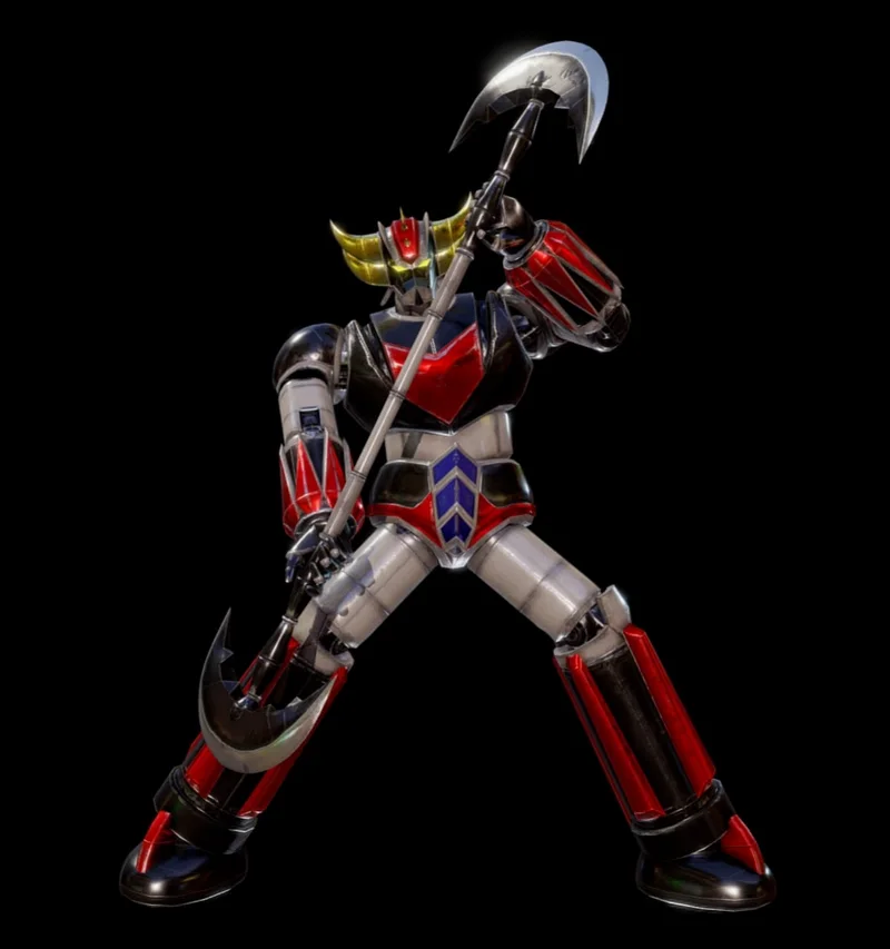 Grendizer UFO Robot figure with red armor and crescent-bladed polearm