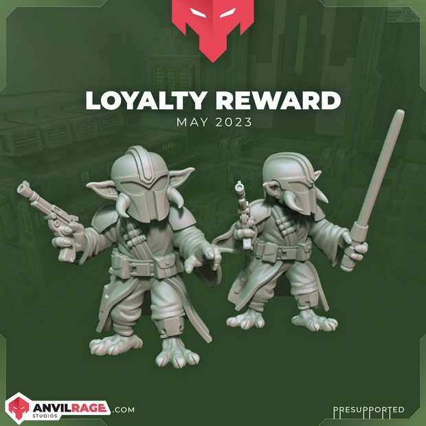 Two long-eared armored alien figurines with weapons, listed as Grogu Mandalorian