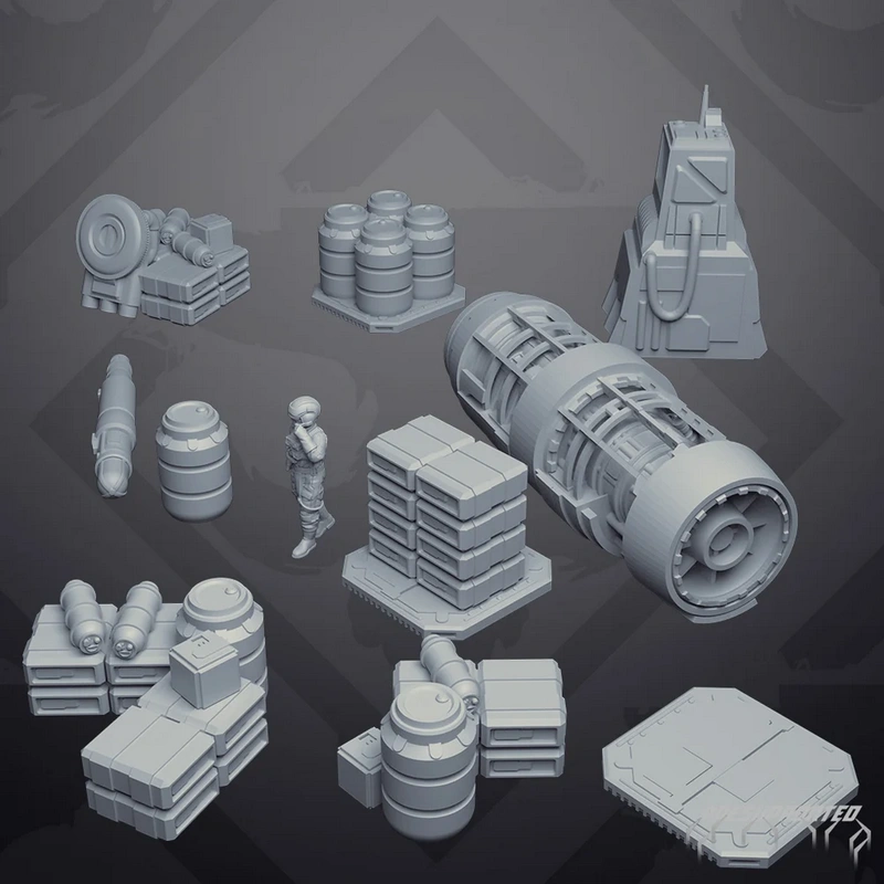 Star Wars hangar terrain with crates, barrels, machinery, tower, floor tile, and small figure