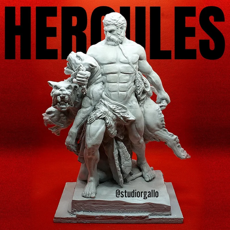 Hercules statue with lion skin and multi-headed Cerberus