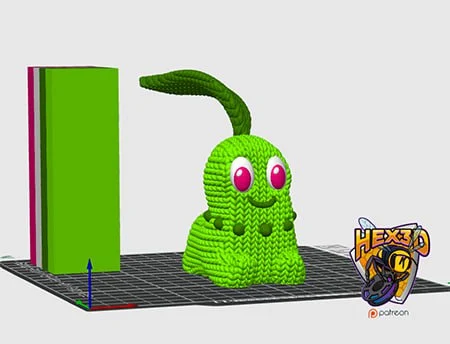 Knitted-style green Chikorita Pokémon figure with a curved leaf and large pink eyes