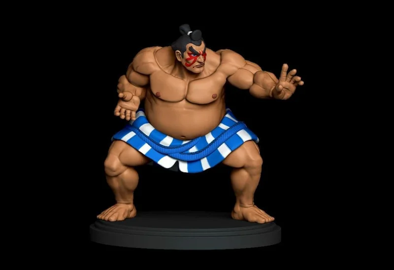E. Honda Street Fighter 3D figure in a sumo stance on a round base