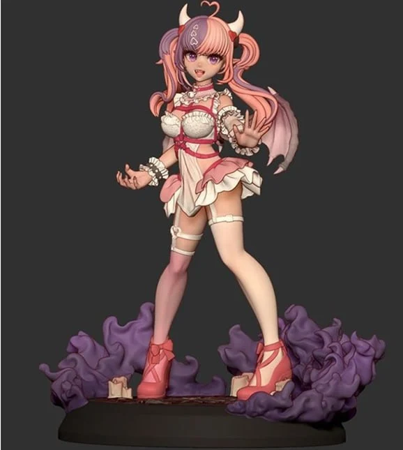 Ironmouse VTuber figure with pink hair, horns, wings, and purple cloud base
