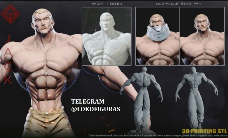 Jack Hanma Baki full-body muscular character 3D model with swappable head