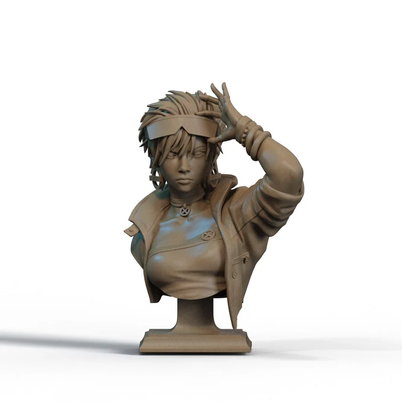 Jubilee Marvel character bust with visor, raised hand, cropped jacket, and display base