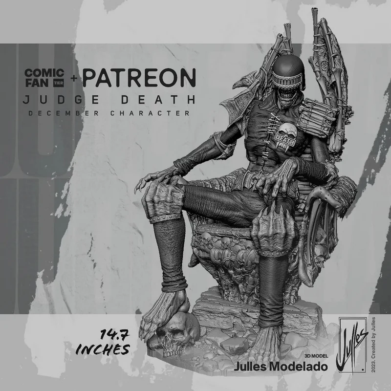 Judge Death from Judge Dredd seated on a skull-themed ornate throne