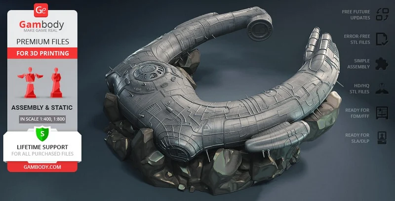 Curved segmented armored sci-fi model with mechanical details on a rocky base