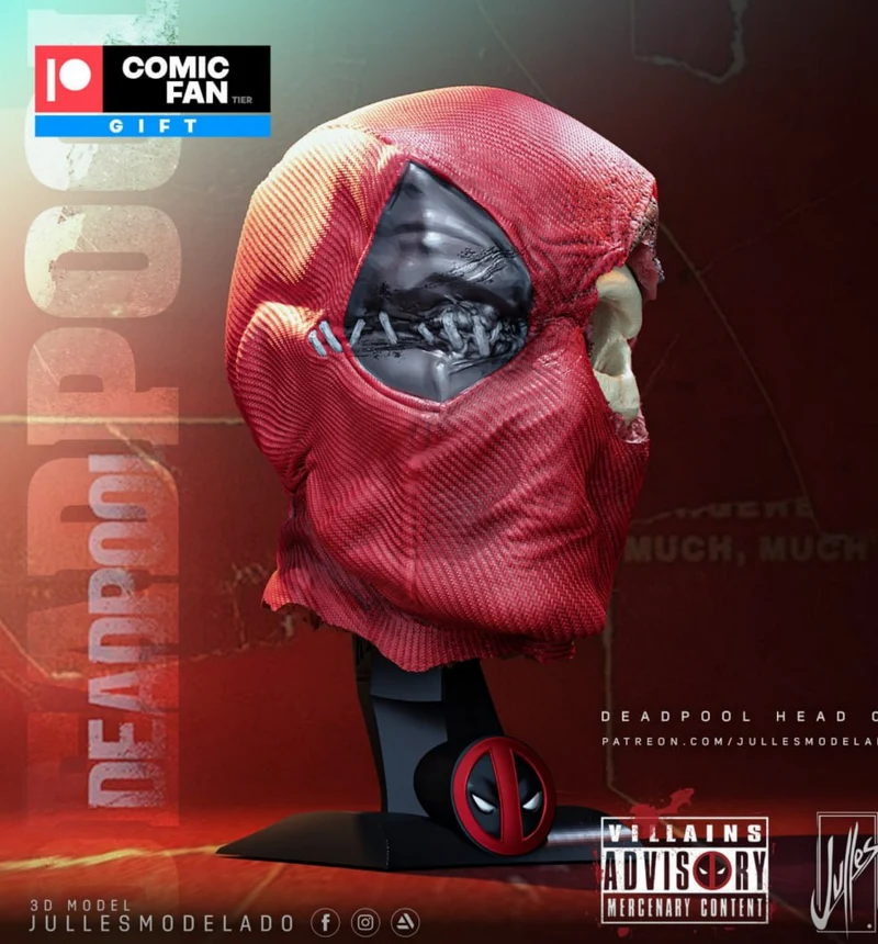 Deadpool Mizaru red hooded head bust with black eye panel on a display stand