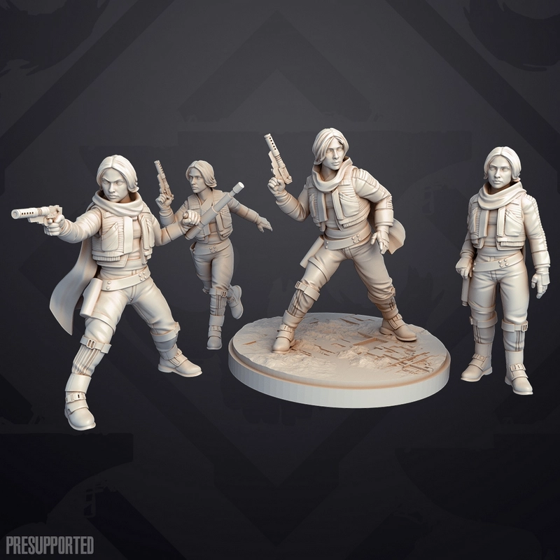Jyn Erso Star Wars 3D model set in four action poses with blasters and display base