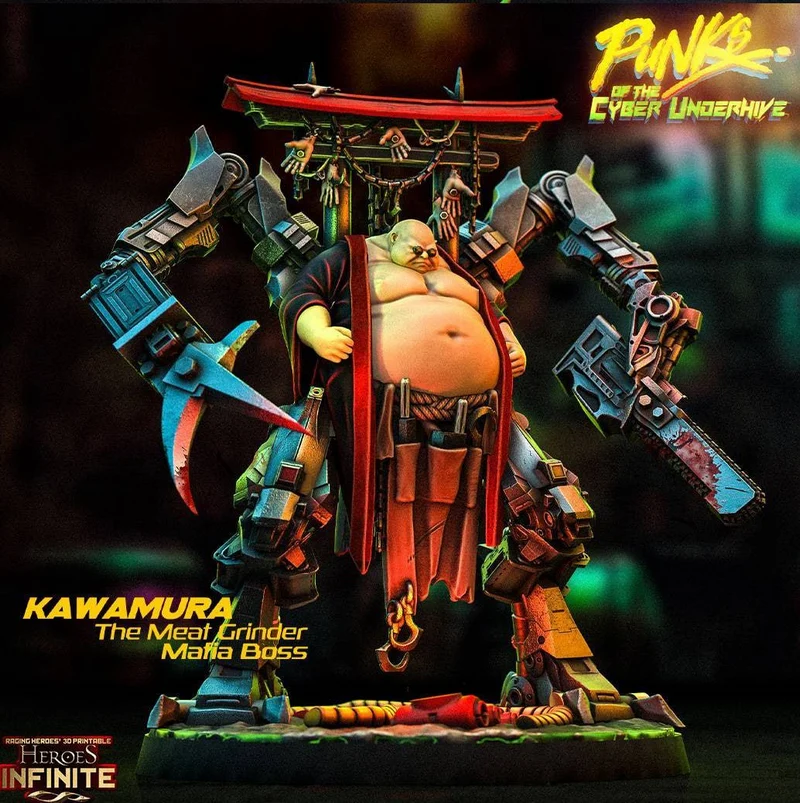 Kawamura the Meat Grinder miniature with mechanical arms and mafia boss styling