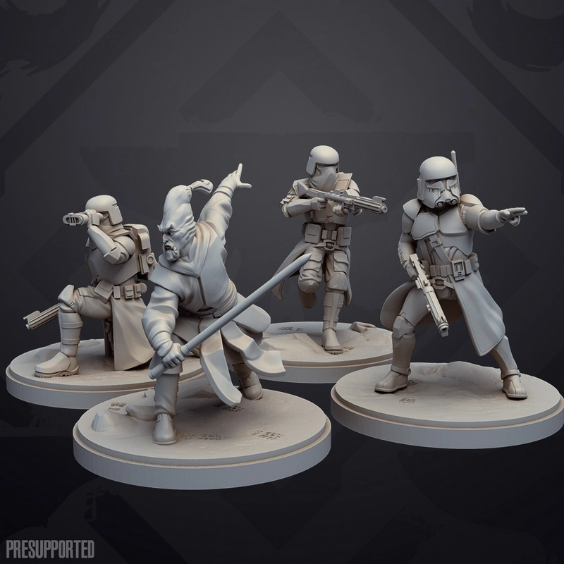 Ki-Adi-Mundi with a lightsaber and three clone troopers on display bases