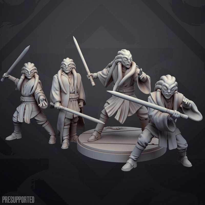 Four Kit Fisto Star Wars figures in Jedi robes holding lightsabers